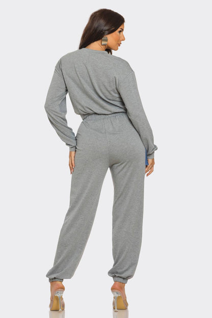French Terry Color Block Denim Detail Top Pockets Pants Set: Black / 2-2-2 (S-M-L)