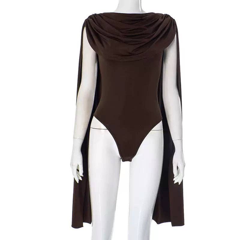 MB FASHION Draped Cape Sleeve Bodysuit 670: BLACK / M