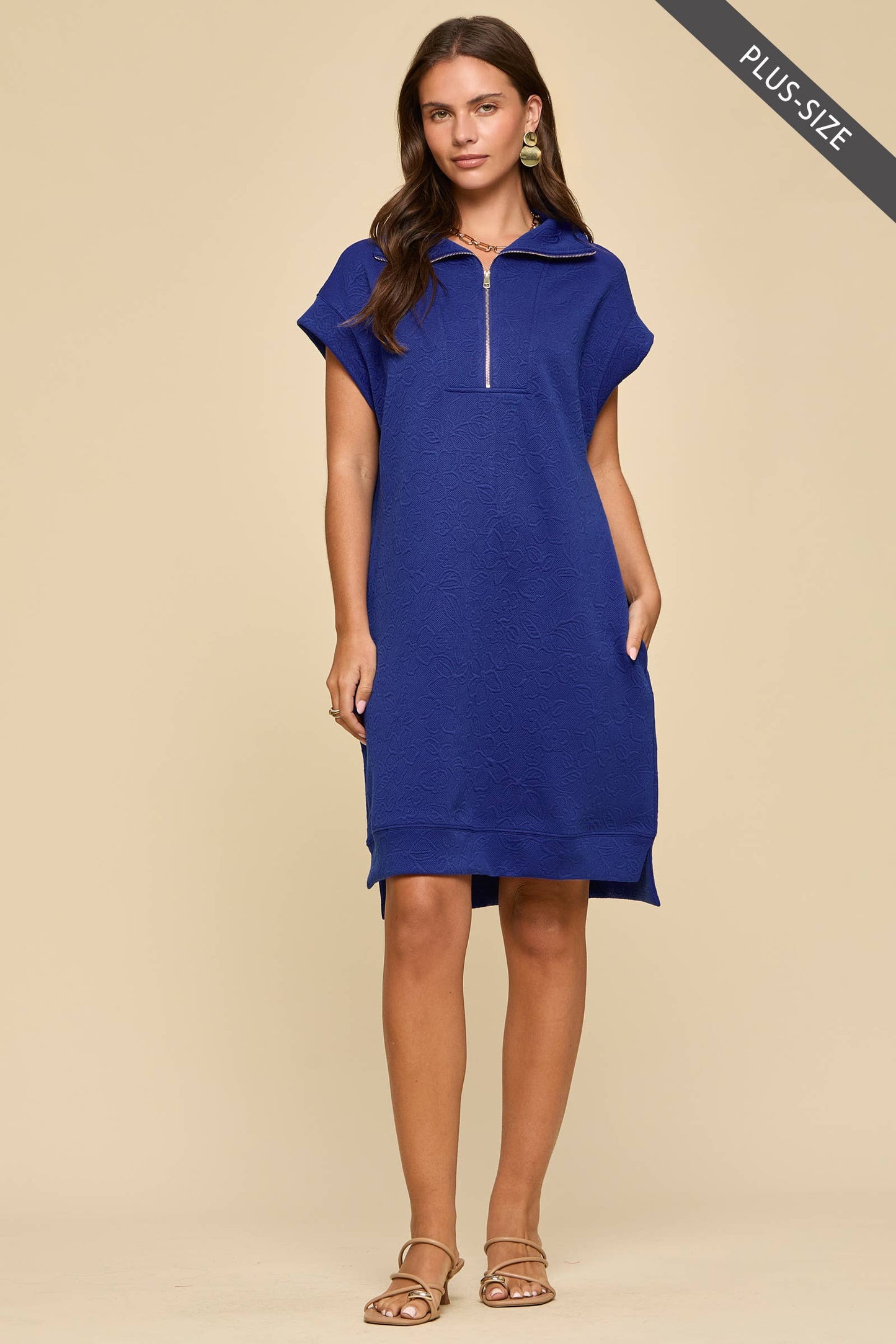 PLUS SIZE Half-Zip Jacquard Dress w/ Pockets: EMERALD POP / XL