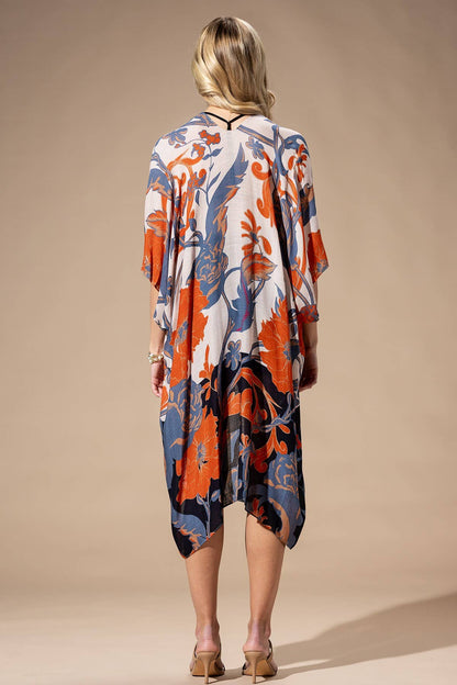 Dusk Floral Viscose Kimono: ORANGE BLUE MULTI