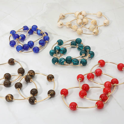 3PCS - Round Ball Wire Beaded Stretch Multi Layered Bracelets: Beige,Gold