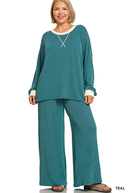 Plus Raised Rib Round Neck Pullover & Pants 2PC Set: +GREY-205252 / 3X