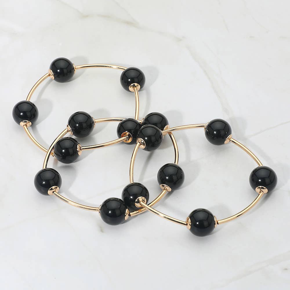 3PCS - Round Ball Wire Beaded Stretch Multi Layered Bracelets: Beige,Gold