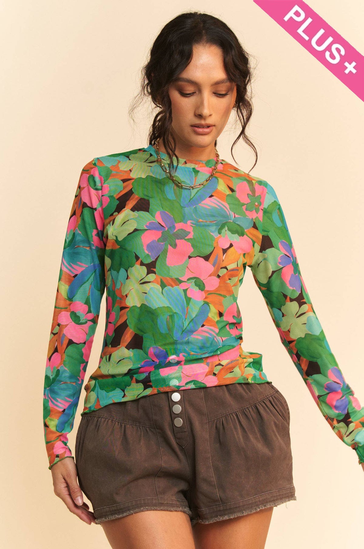 Plus - Vibrant Floral Print Mesh Long Sleeve Top: Pink Multi / 1XL