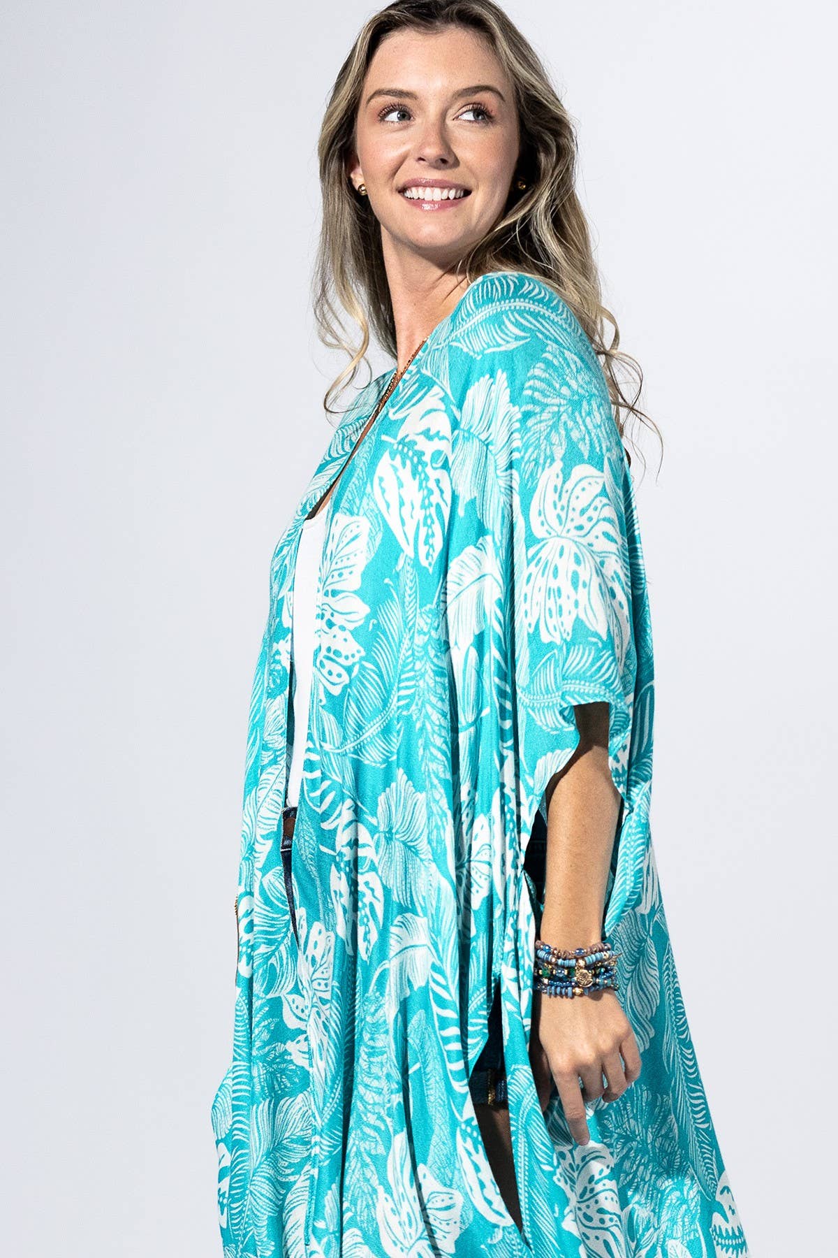 Aqua Palm-Leaf Kimono: AQUAMARINE / 2 / One Size