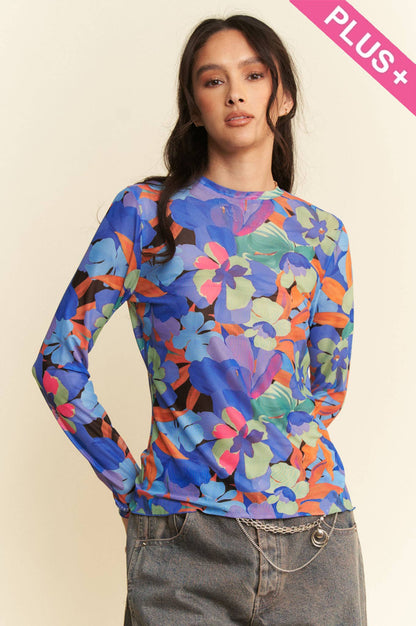 Plus - Vibrant Floral Print Mesh Long Sleeve Top: Pink Multi / 1XL
